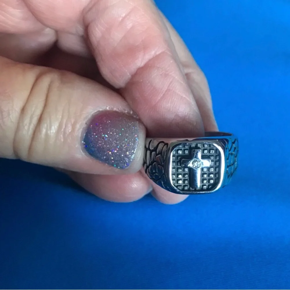 Stainless Steel Cross Signet Ring - Size 11